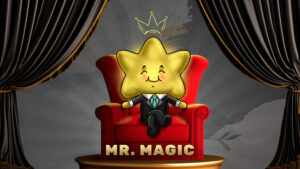 "A smiling star character named Mr. Magic sits on a red throne, wearing a black suit with a teal tie. A gold crown hovers above the character's head, with black curtains framing the scene."
