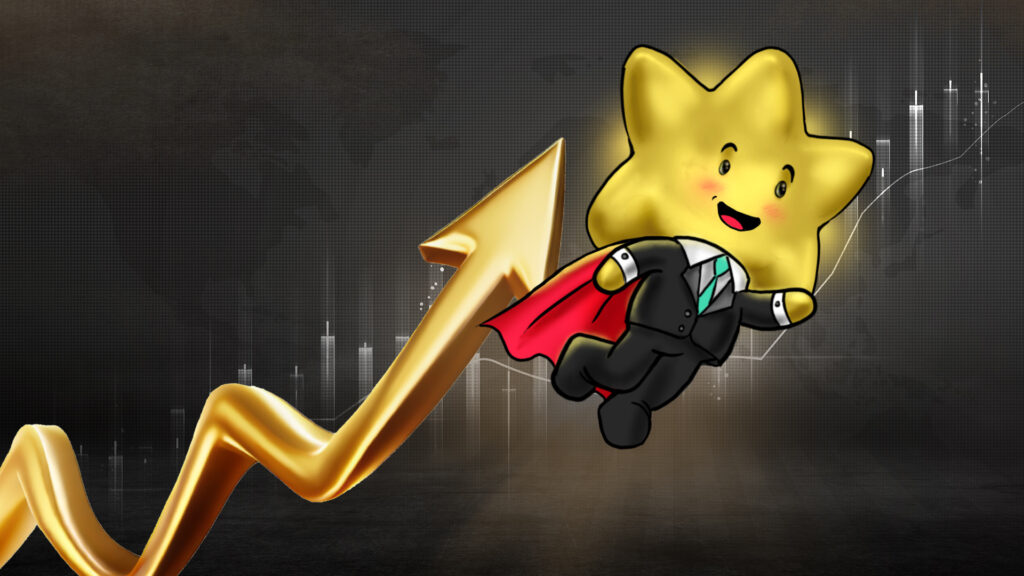 A golden star character wearing a business suit and red cape, flying upward alongside a rising golden arrow, set against a background of financial graphs and charts. This image suggests growth and success in business.