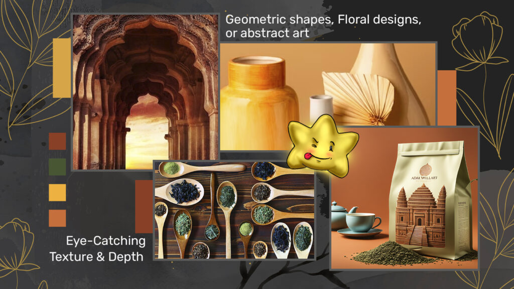 A collage featuring a star character next to various examples of geometric shapes, floral designs, and abstract art. The images include an ornate architectural hallway, wooden spoons with different types of tea, and packaging with intricate designs