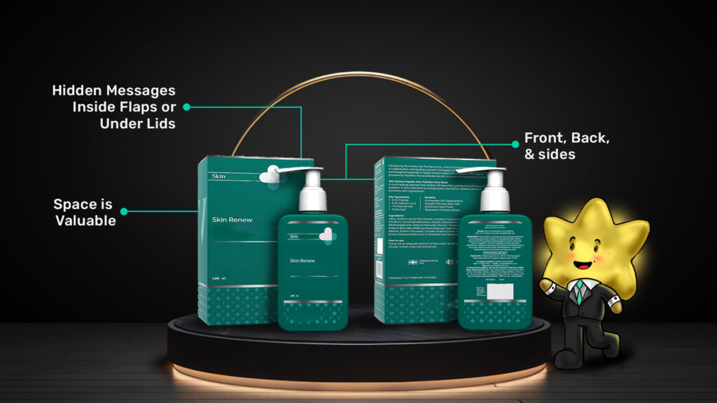 A presentation of skincare packaging with a star character pointing to different design elements. The text highlights hidden messages inside flaps or under lids, and emphasizes the importance of using space effectively on the front, back, and sides of the packaging.