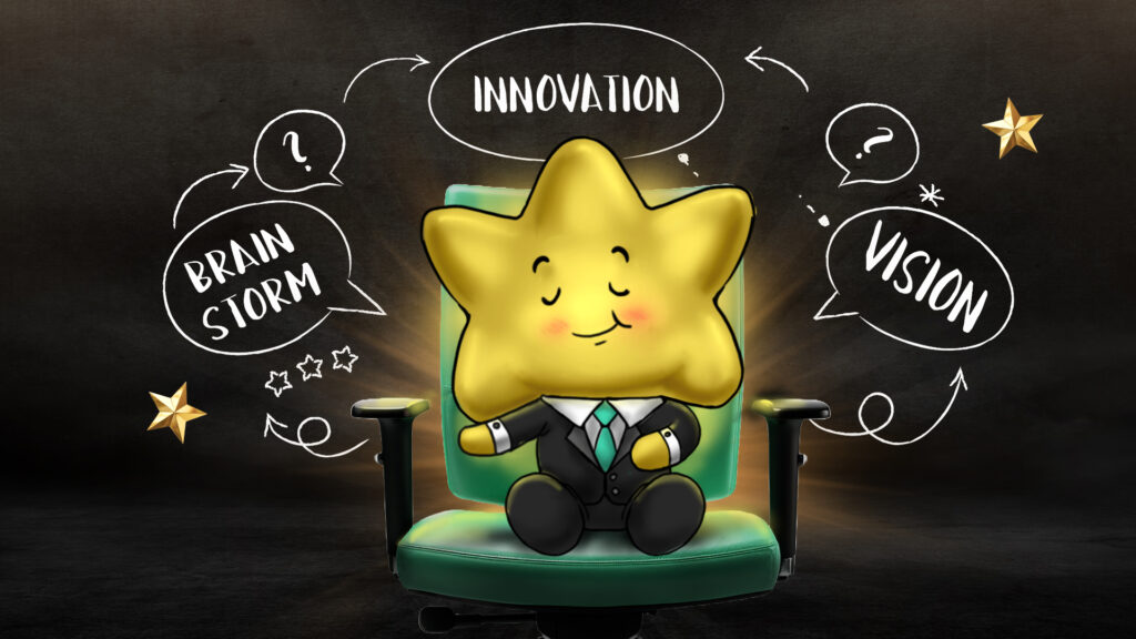 A golden star character in a business suit, sitting confidently on a green office chair, with doodles around it indicating brainstorming, innovation, and vision. This image represents creative thinking and leadership.