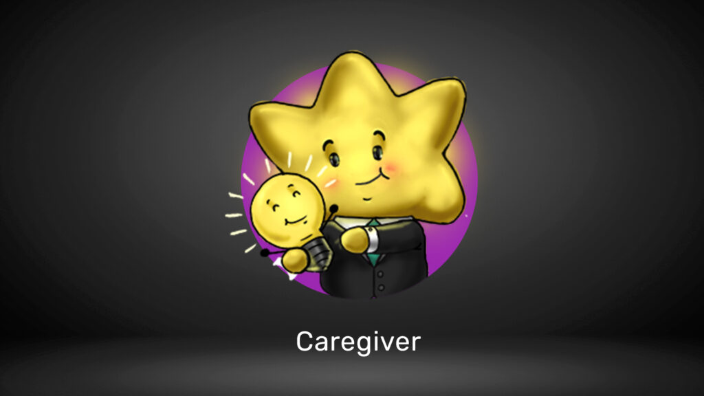 A star character dressed as a caregiver holding a glowing lightbulb, labeled "Caregiver."