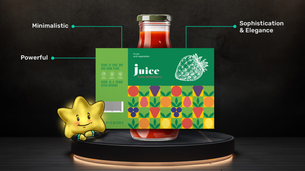 A star character presenting a minimalistic and powerful juice packaging design. The bottle is labeled 'Juice' with a strawberry illustration, featuring text about storing the juice in a cool, dry place and refrigeration after opening.