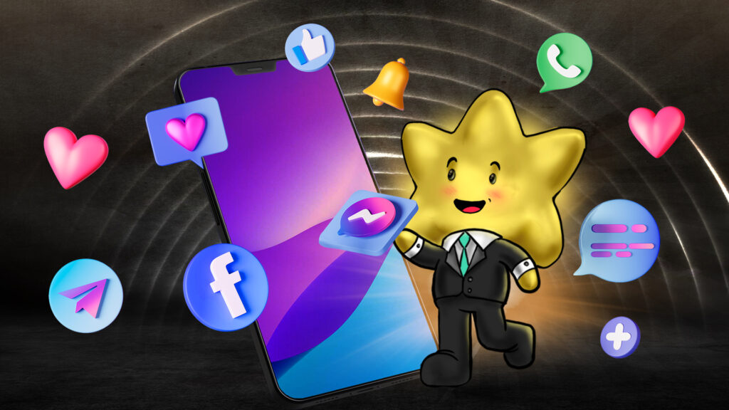 A golden star character in a business suit standing beside a large smartphone with various social media icons like Facebook, Messenger, WhatsApp, and likes floating around. This image depicts engagement with social media and digital communication.