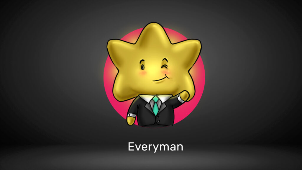 A star character dressed in a suit winking and labeled "Everyman."