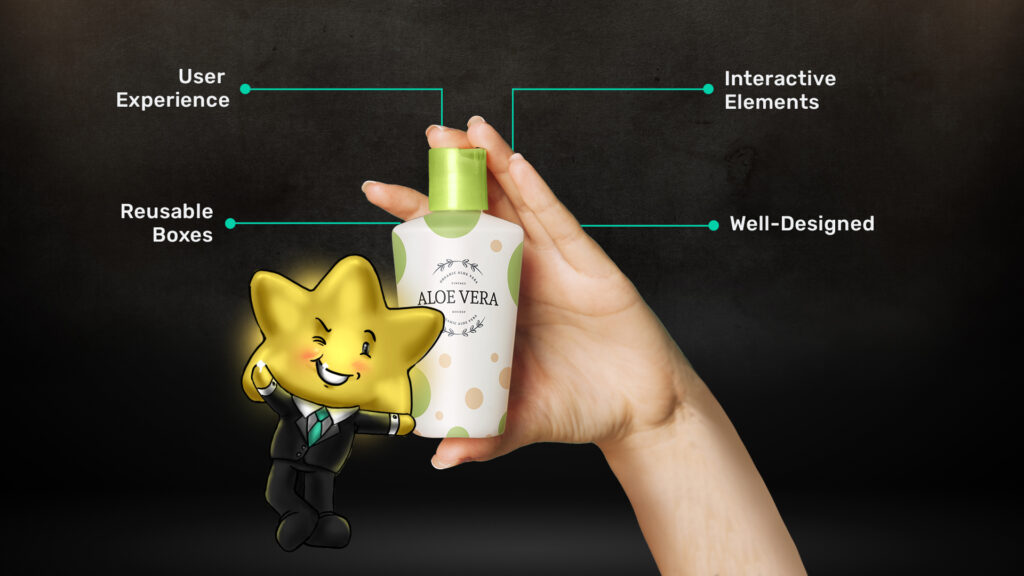 A hand holding an Aloe Vera bottle with a star character highlighting the importance of user experience, reusable boxes, interactive elements, and well-designed packaging. The bottle design includes a green cap and minimalist labels.