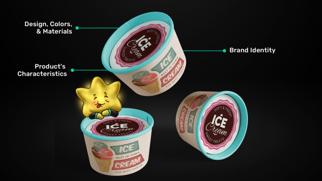 Ice cream packaging displayed with a star character, emphasizing design, colors, materials, product characteristics, and brand identity. The packaging features colorful graphics of ice cream cones and the text 'Soft & Fresh Ice Cream'