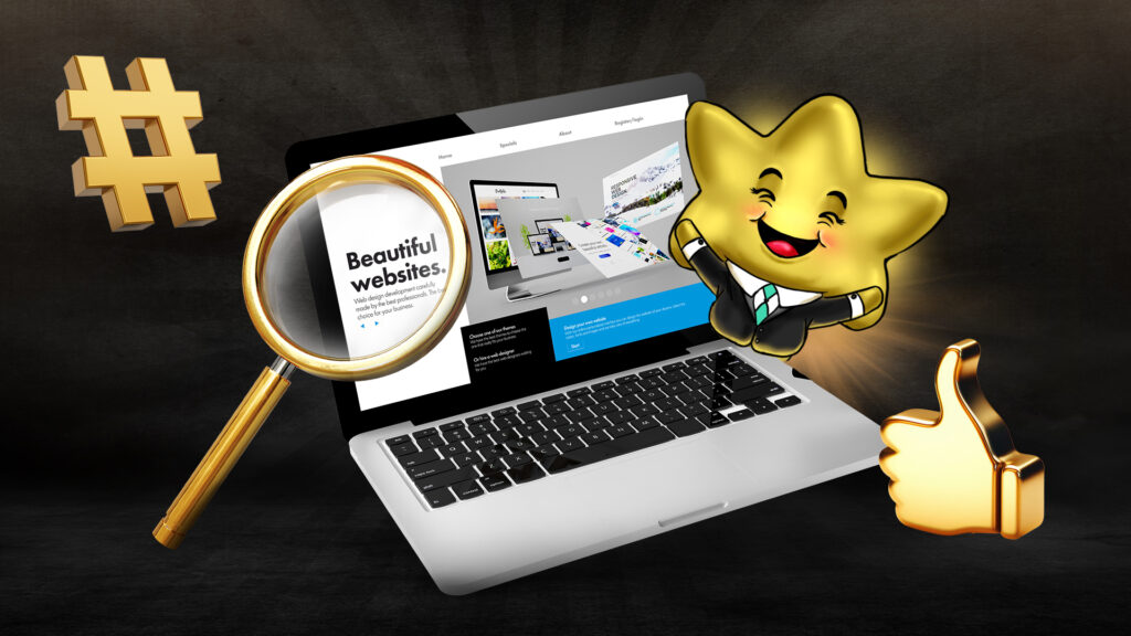 A golden star character in a business suit smiling next to a laptop displaying the text "Beautiful websites," with a magnifying glass, hashtag symbol, and thumbs-up icon around. This image illustrates web design and positive user feedback.