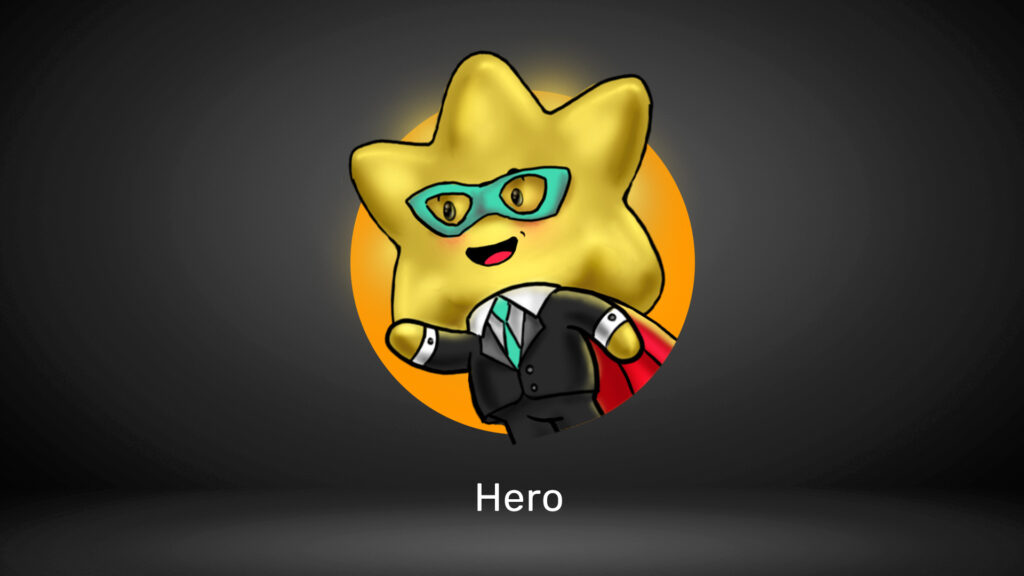 A star character wearing a superhero mask and cape, labeled "Hero."