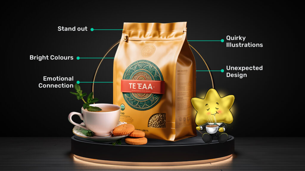 A star character with a steaming cup of tea next to a vibrant and stylish tea packaging design. The text points out elements that make the design stand out, such as bright colors, quirky illustrations, emotional connection, and unexpected design