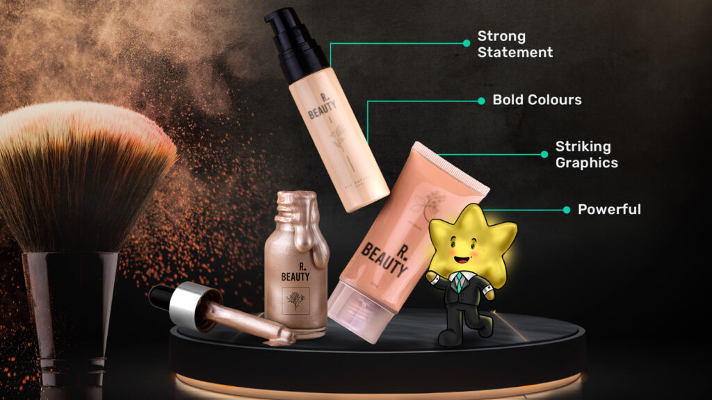 Makeup packaging featuring a brush and various beauty products with a star character. The text highlights making a strong statement, using bold colors, striking graphics, and creating a powerful visual impact. Products are labeled 'R. Beauty