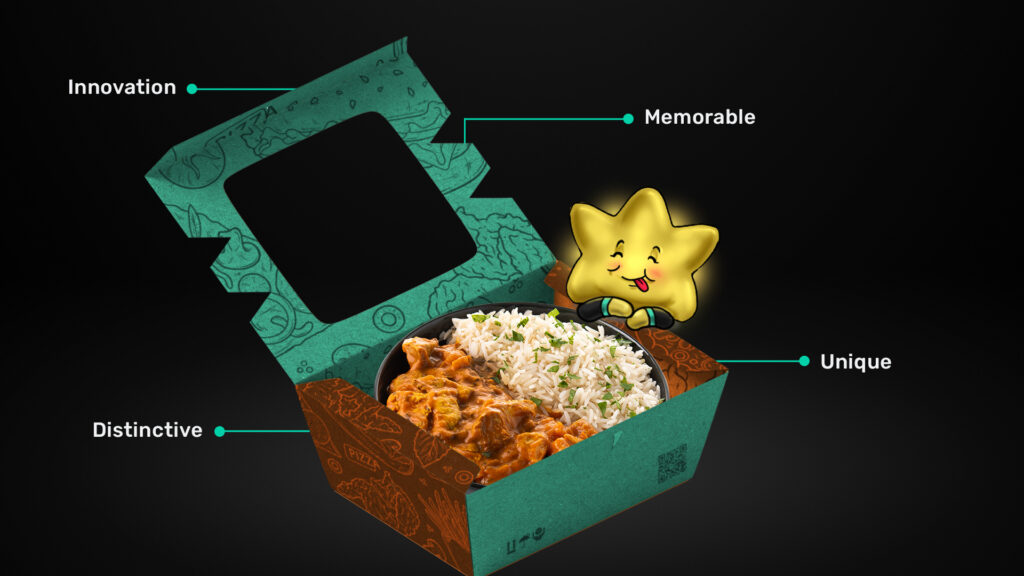 A star character showcasing a distinctive and memorable food packaging design. The open box reveals a meal of rice and curry, with text emphasizing innovation and uniqueness in the packaging design