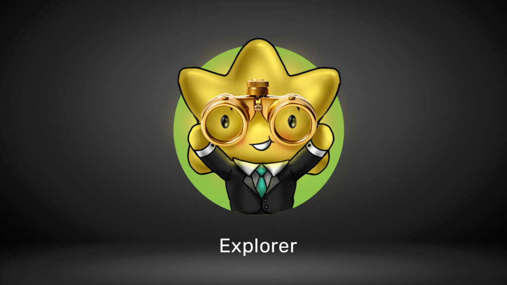 A star character holding binoculars, labeled "Explorer."