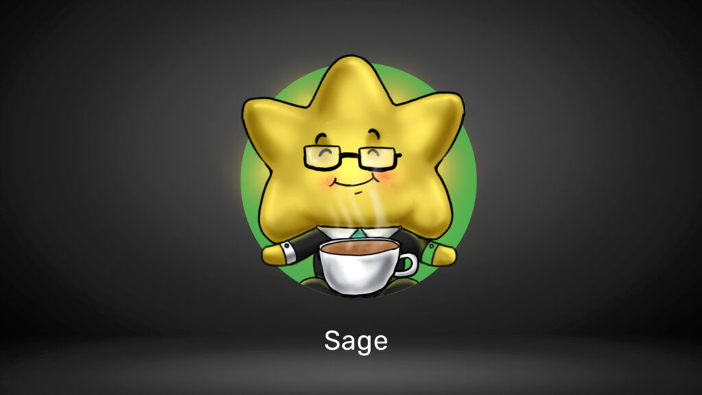 A star character wearing glasses and holding a steaming cup of coffee, labeled "Sage."