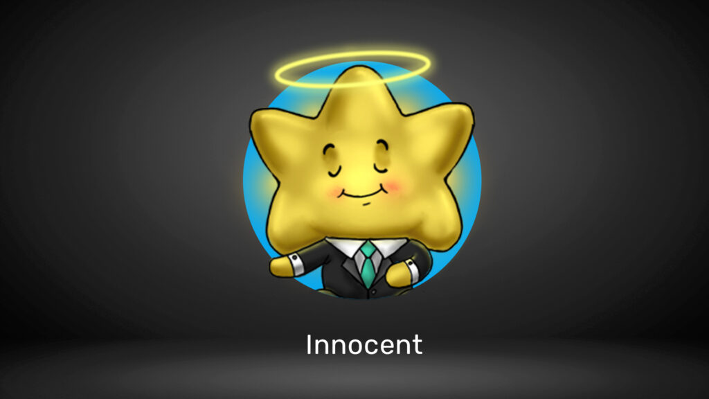 A star character with a halo above its head, dressed in a suit, labeled "Innocent."