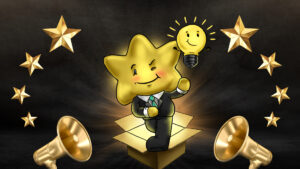 This image features a golden star character in a business suit, stepping out of a cardboard box, and holding a lightbulb with a smiling face. Surrounding the star are multiple golden stars and megaphones, all set against a dark background. The scene suggests themes of creativity, innovation, and thinking outside the box.